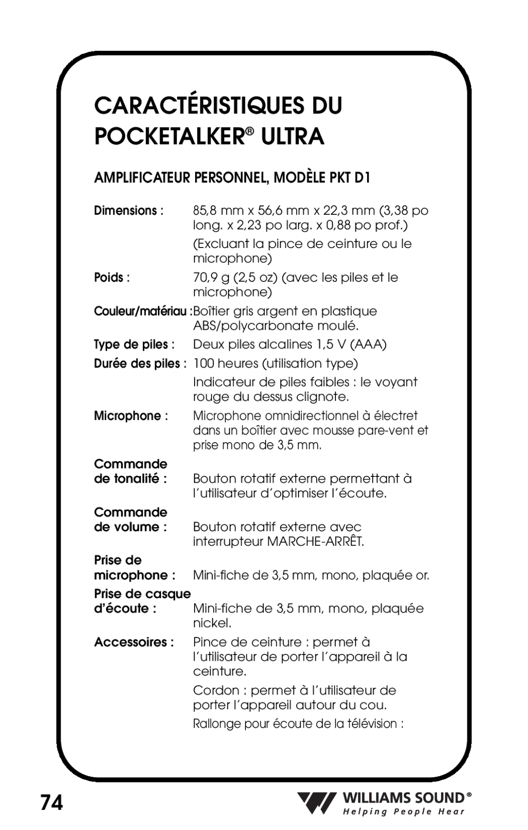 Williams Sound manual Caractéristiques DU Pocketalker Ultra, Amplificateur PERSONNEL, Modèle PKT D1 