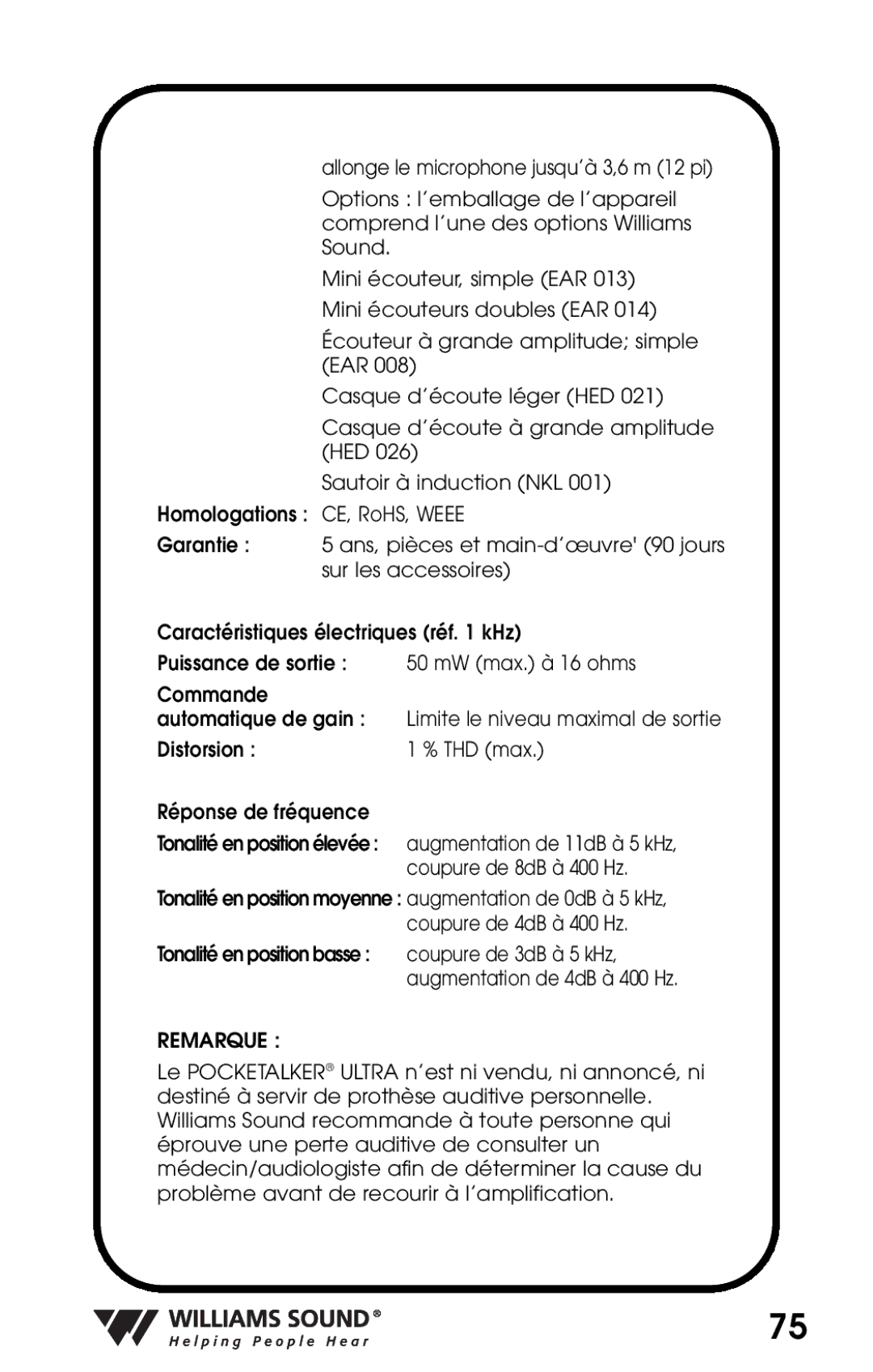 Williams Sound PKT D1 manual Remarque 