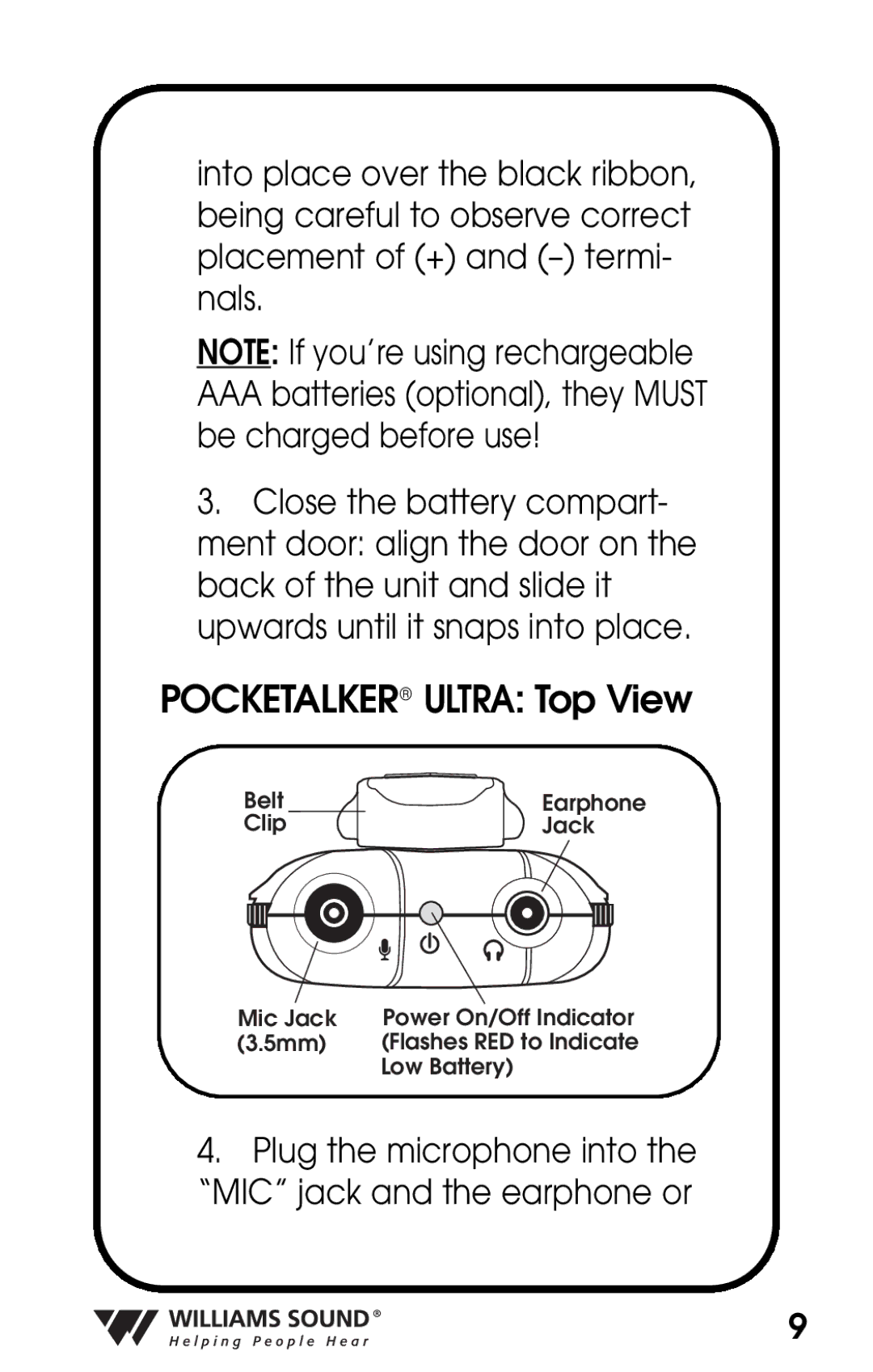 Williams Sound PKT D1 manual Pocketalker Ultra Top View 