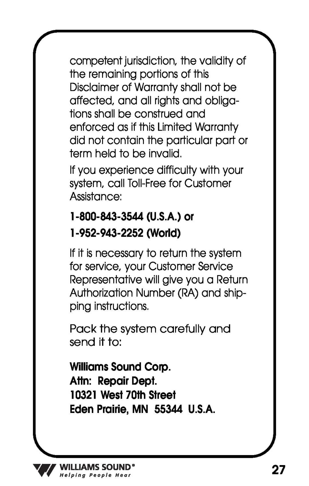 Williams Sound PKT D1 manual 
