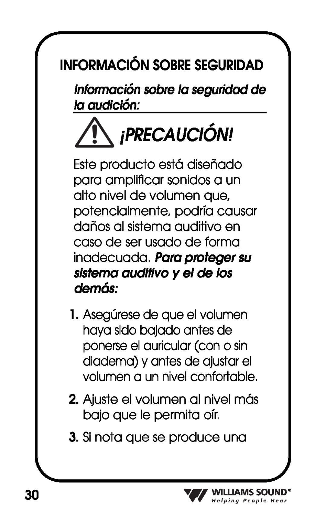 Williams Sound PKT D1 manual ¡Precaución, Información Sobre Seguridad 