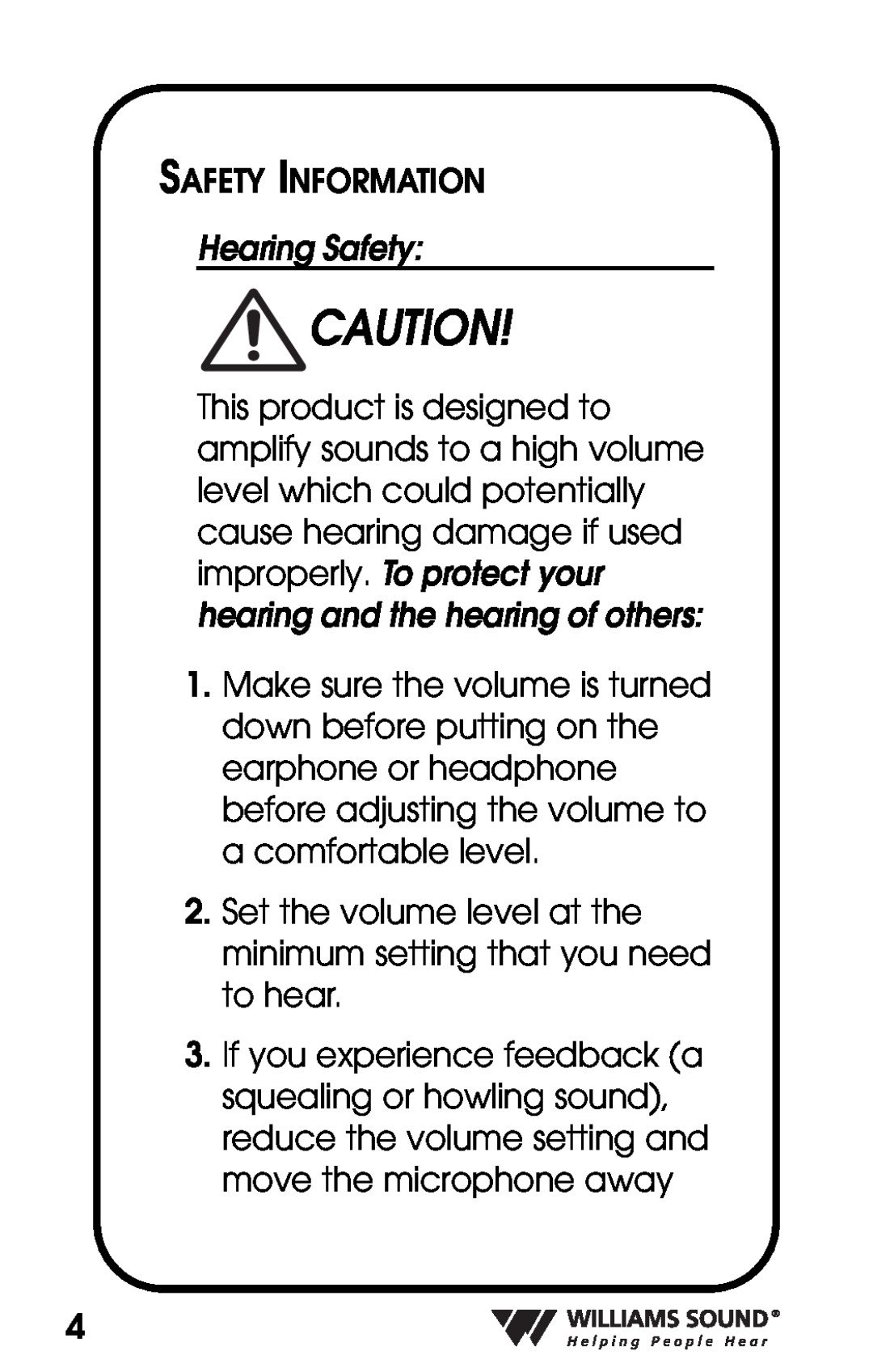 Williams Sound PKT D1 manual Safety Information 
