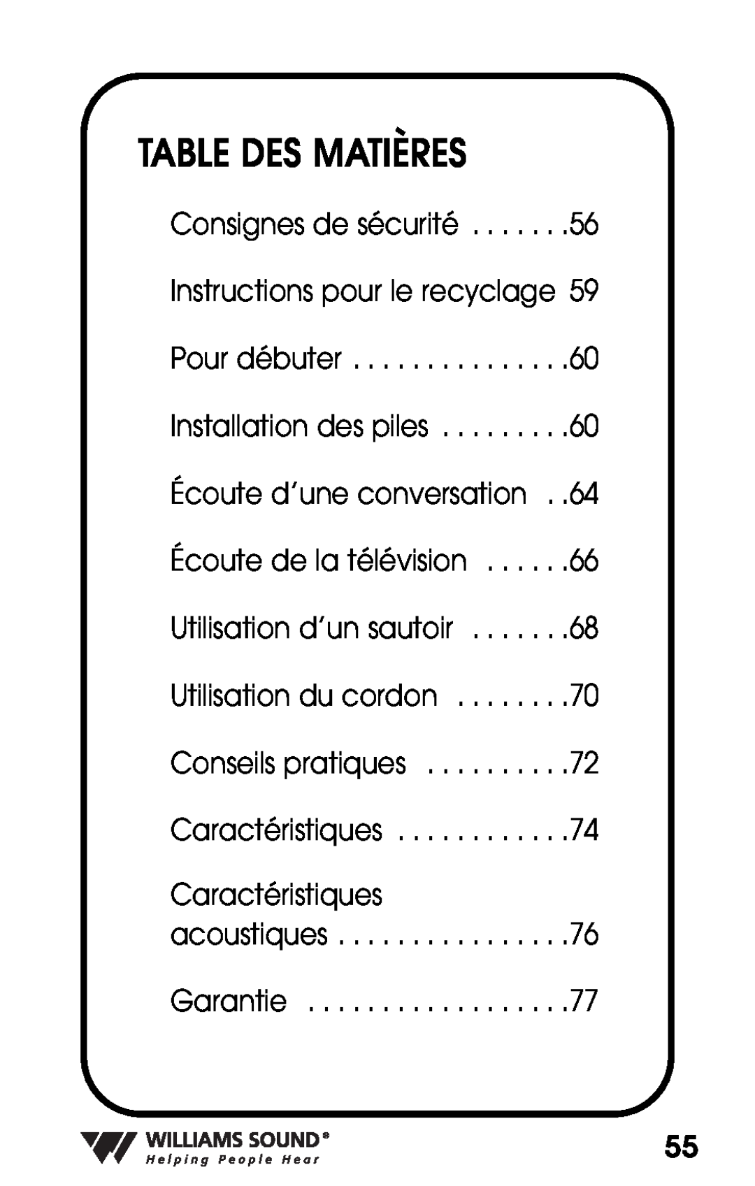 Williams Sound PKT D1 manual Table Des Matières, Caractéristiques 