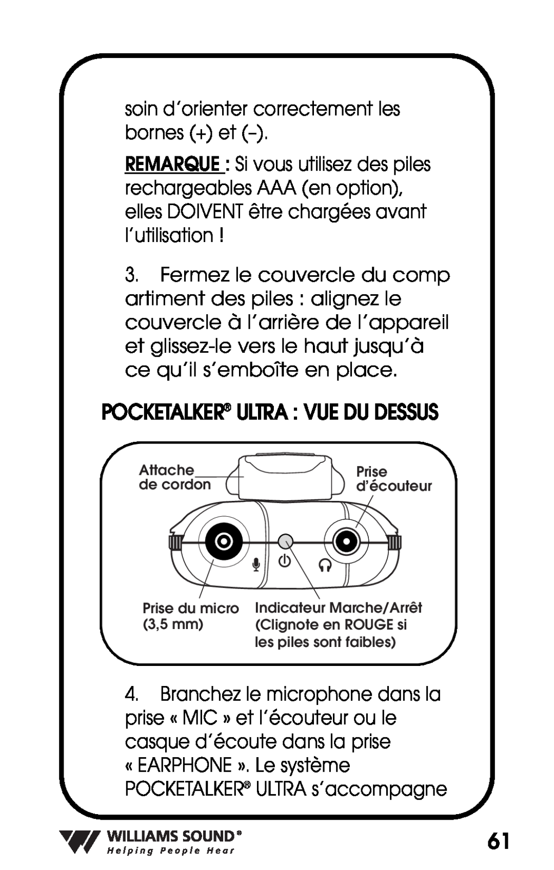 Williams Sound PKT D1 manual Pocketalker Ultra Vue Du Dessus 