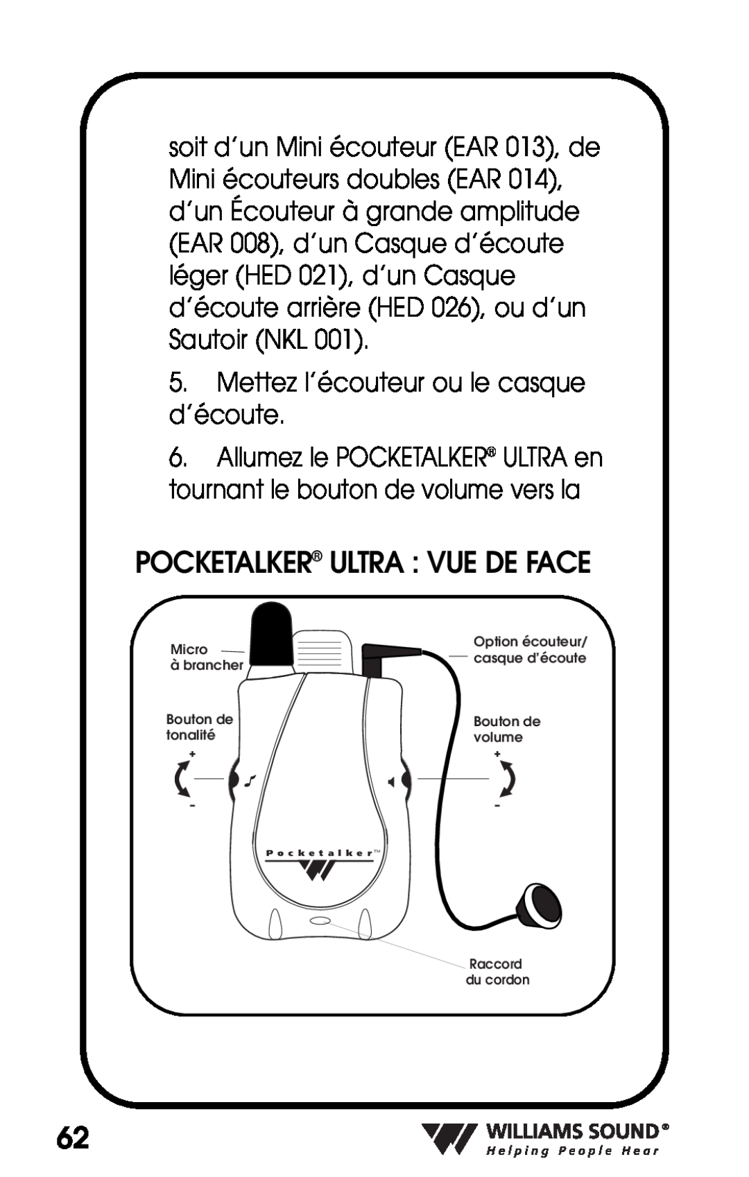 Williams Sound PKT D1 manual Pocketalker Ultra Vue De Face 