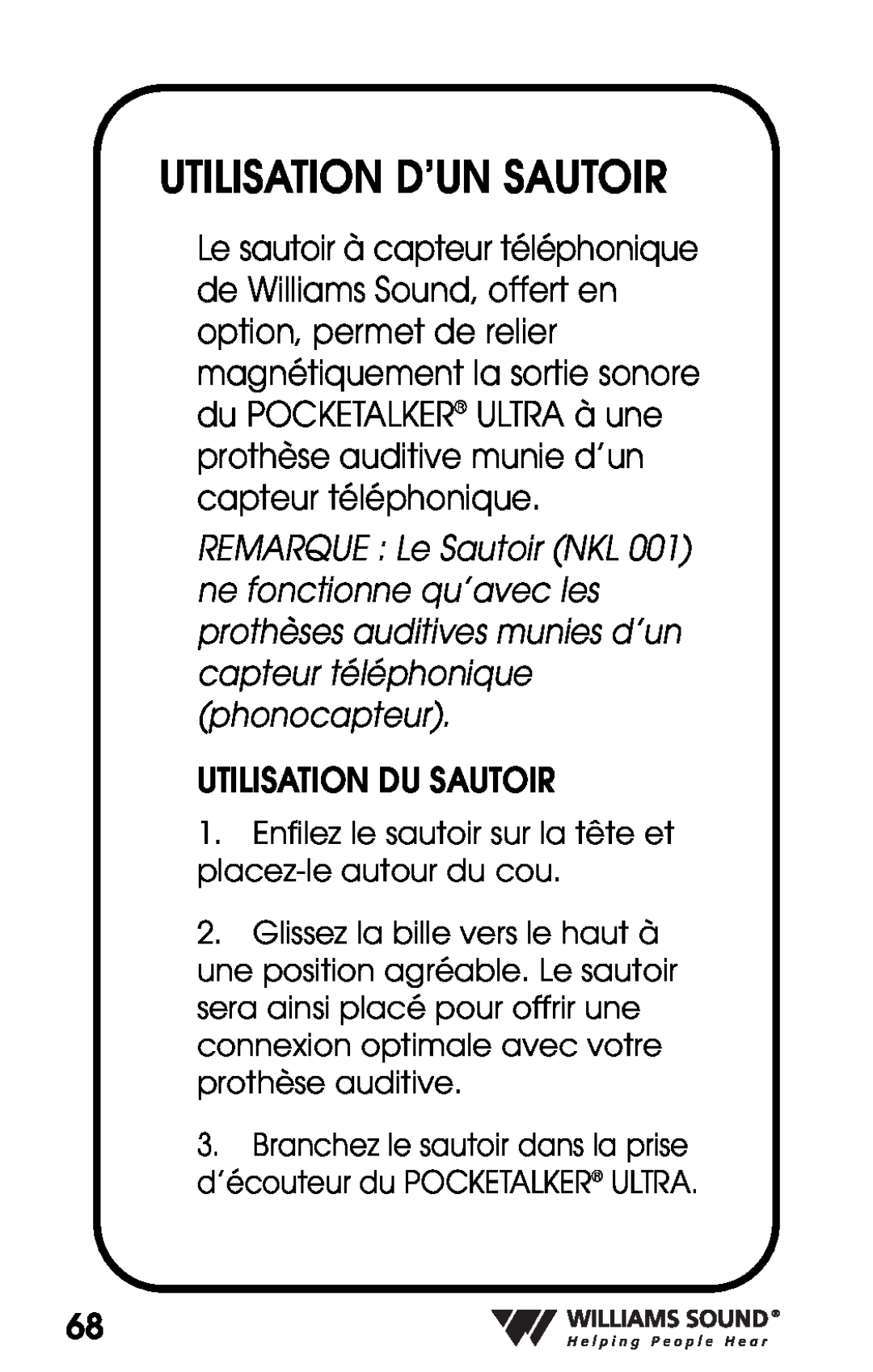 Williams Sound PKT D1 manual Utilisation D’Un Sautoir 