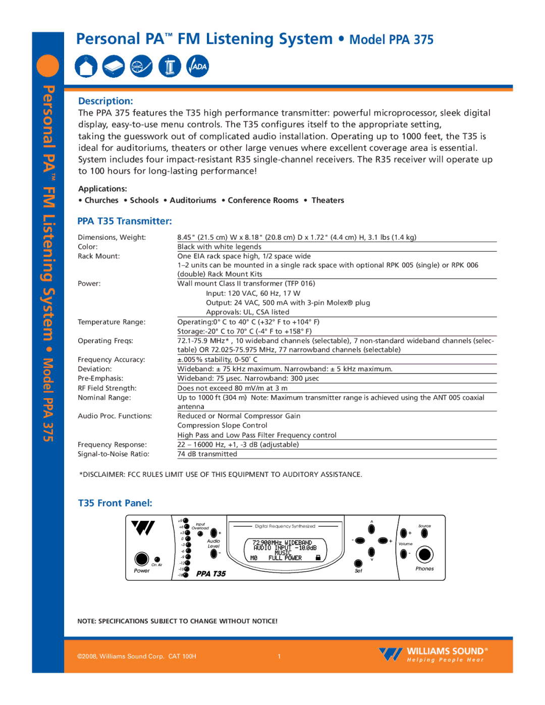 Williams Sound PPA 375 specifications Description, PPA T35 Transmitter, T35 Front Panel 