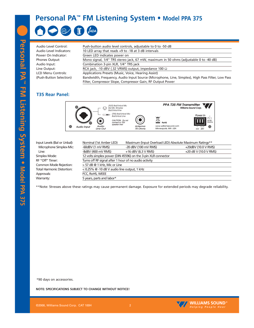 Williams Sound PPA 375 specifications T35 Rear Panel 