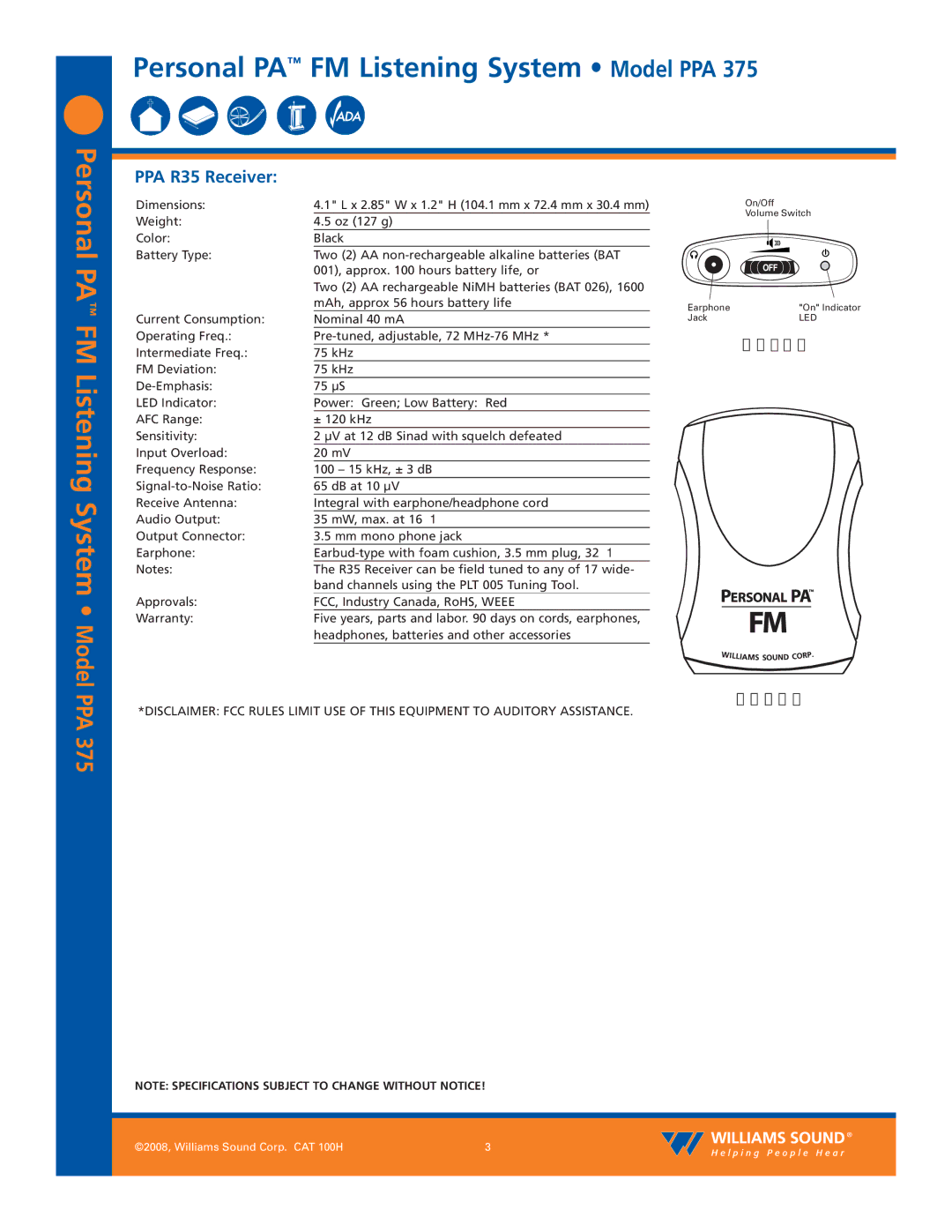 Williams Sound PPA 375 specifications Personal PA FM Listening System Model, PPA R35 Receiver 