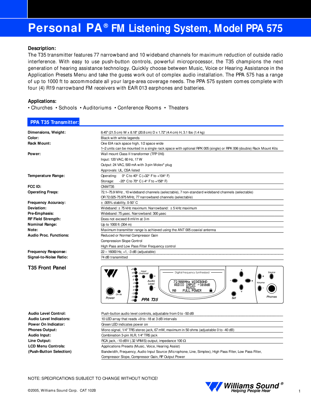 Williams Sound PPA 575 specifications Description, Applications, PPA T35 Transmitter, T35 Front Panel 