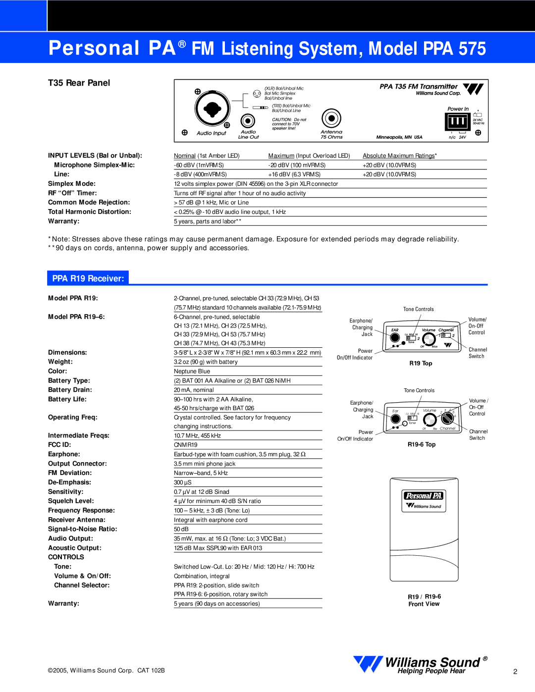 Williams Sound PPA 575 specifications T35 Rear Panel, PPA R19 Receiver 