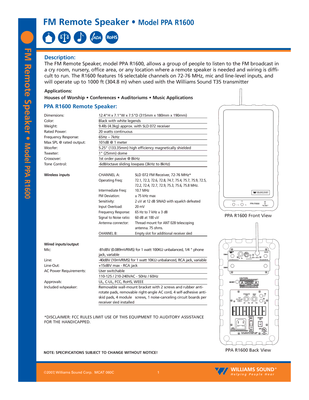 Williams Sound specifications Description, PPA R1600 Remote Speaker, Wireless inputs, Wired inputs/output 