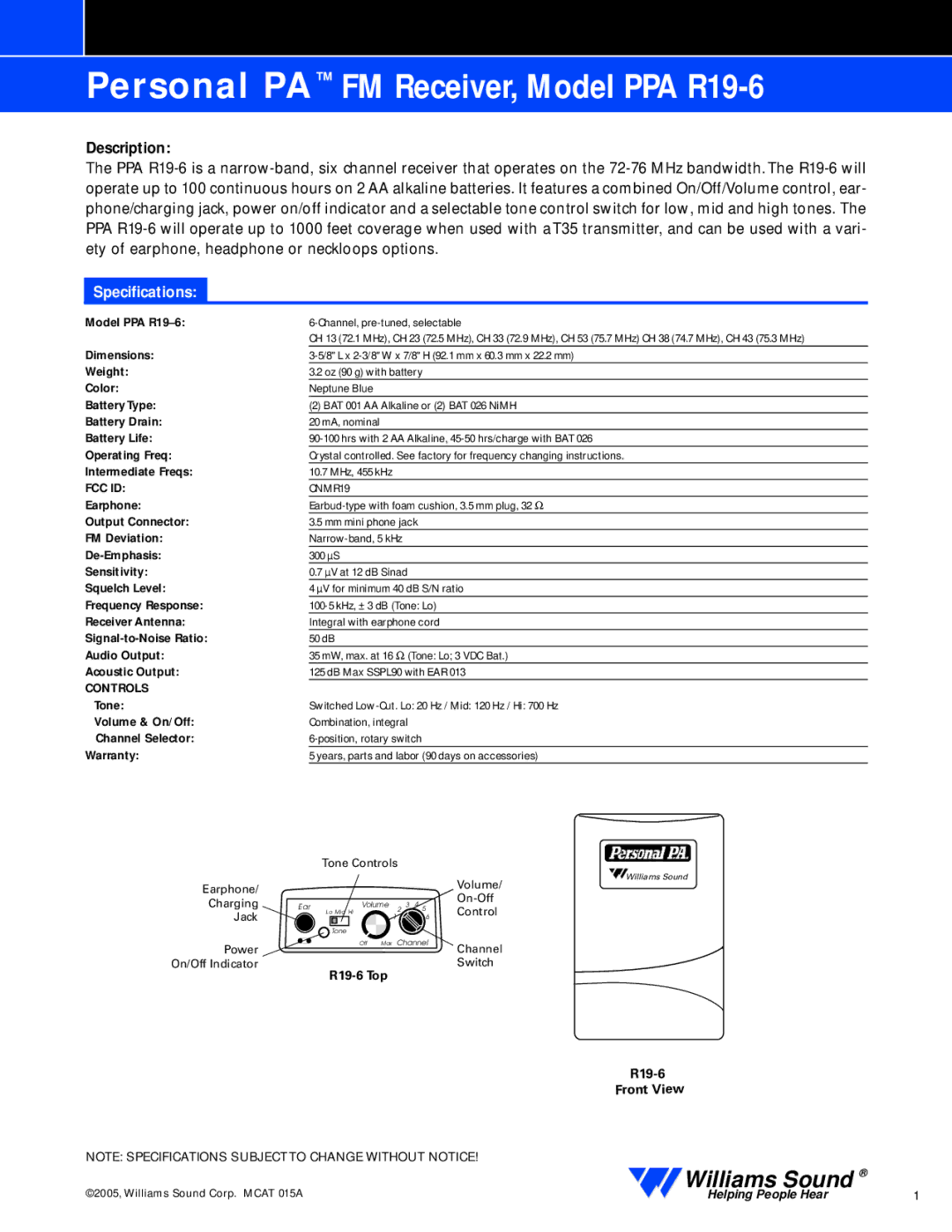 Williams Sound PPA R19-6 specifications Description, Specifications, Fcc Id, Controls 