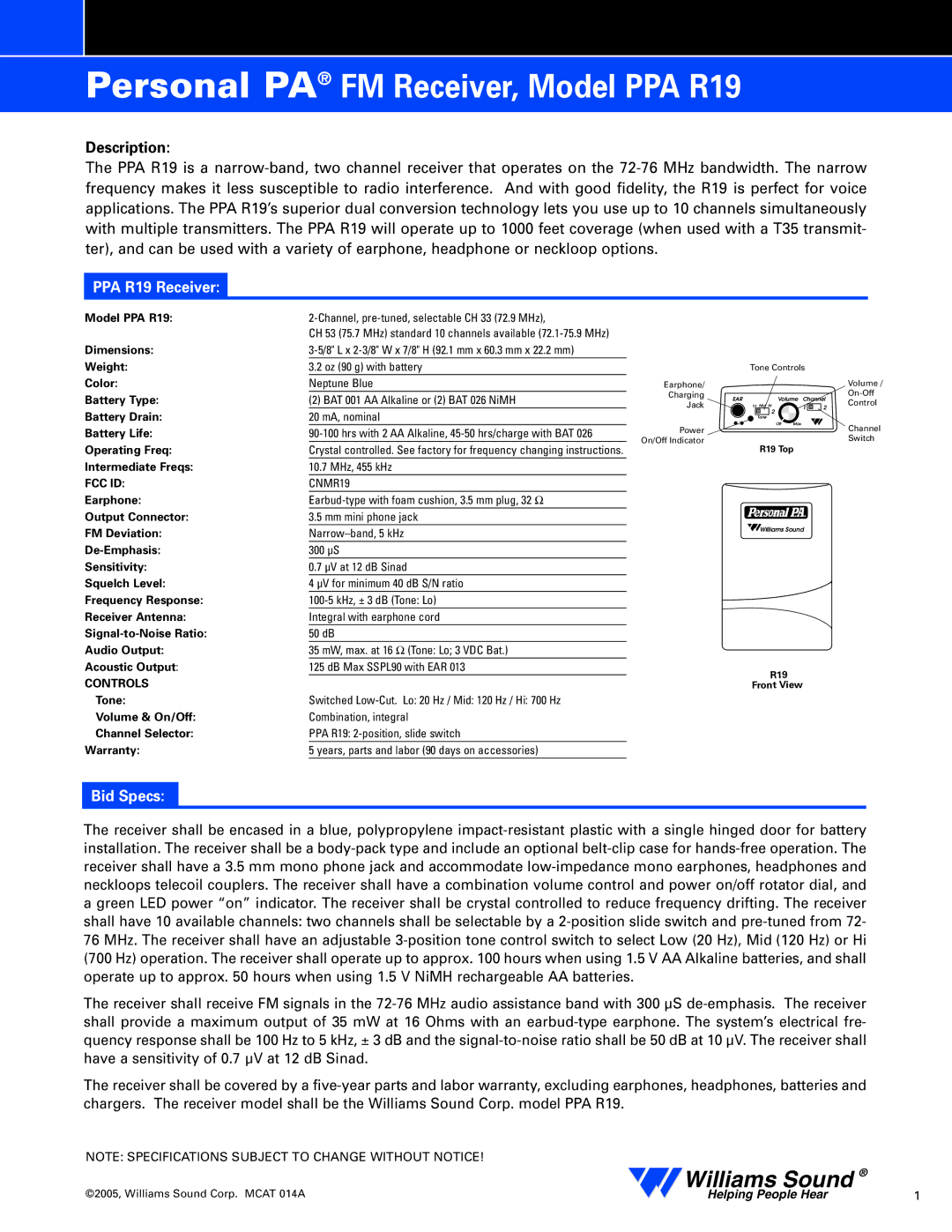 Williams Sound specifications Description, PPA R19 Receiver, Bid Specs, Fcc Id, Controls 