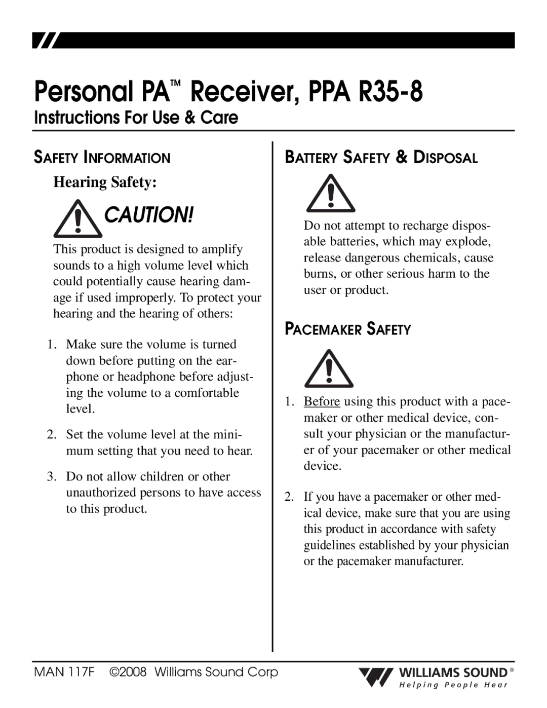 Williams Sound PPA R35-8 manual Hearing Safety, Safety Information, Battery Safety & Disposal, Pacemaker Safety 