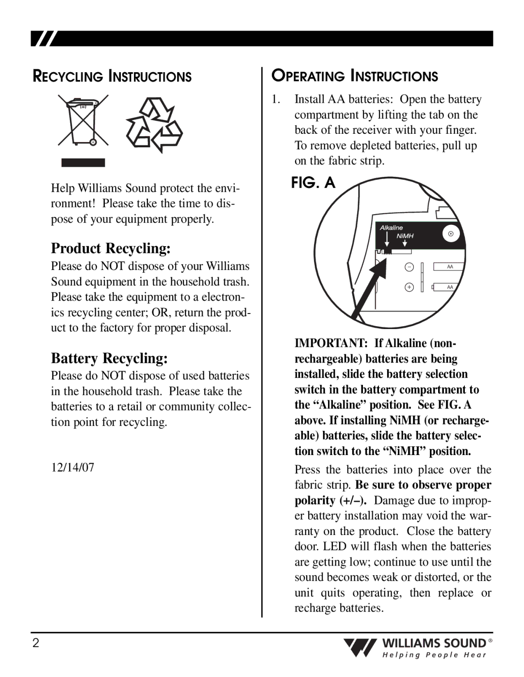 Williams Sound PPA R35-8 manual Product Recycling, Battery Recycling, Recycling Instructions, Operating Instructions 