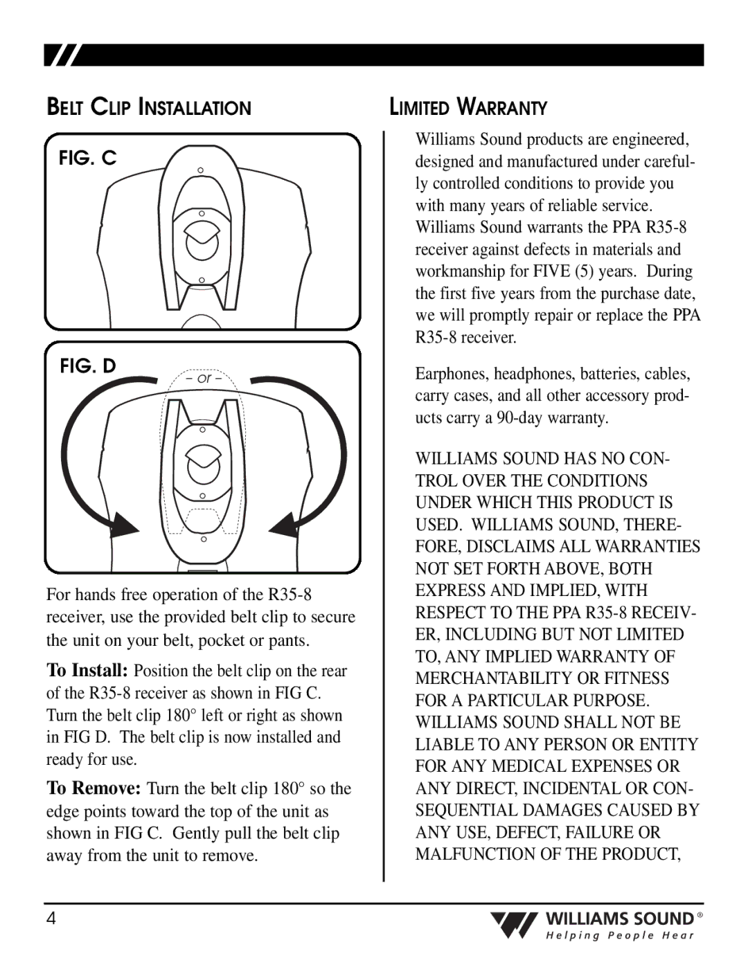 Williams Sound PPA R35-8 manual Belt Clip Installation, Limited Warranty 