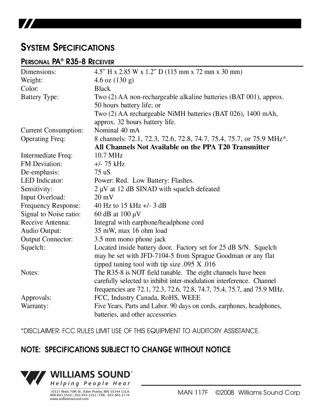 Williams Sound PPA R35-8 manual System Specifications, All Channels Not Available on the PPA T20 Transmitter 