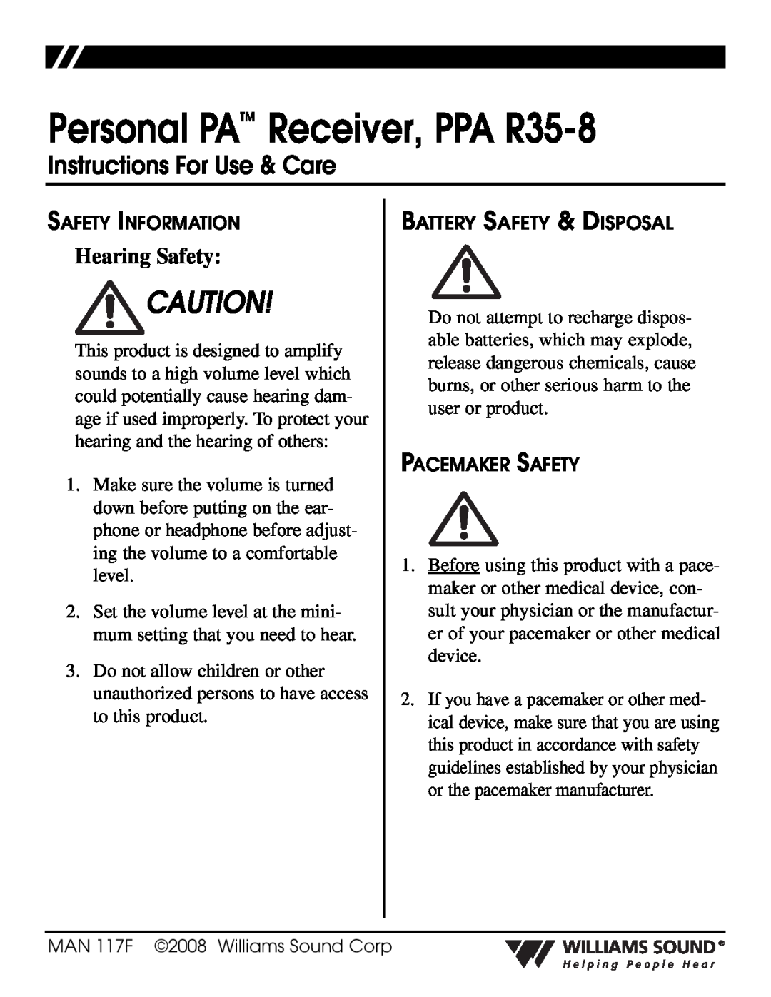 Williams Sound manual Hearing Safety, Personal PA Receiver, PPA R35-8, Instructions For Use & Care 