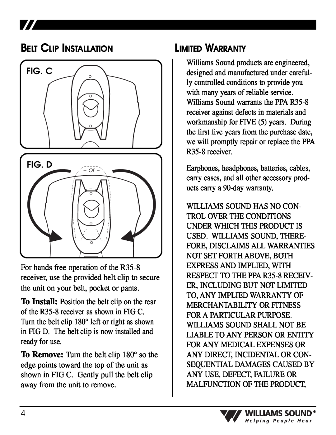 Williams Sound PPA R35-8 manual Belt Clip Installation, Limited Warranty, Fig. C Fig. D 