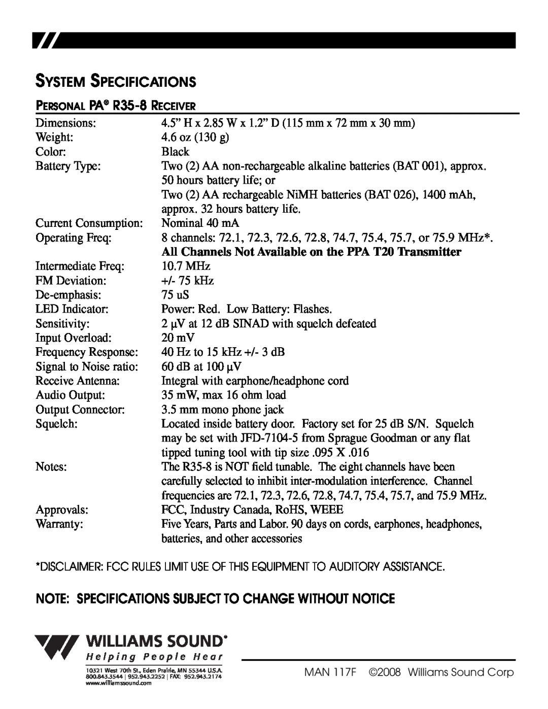 Williams Sound PPA R35-8 manual System Specifications, Note Specifications Subject To Change Without Notice 