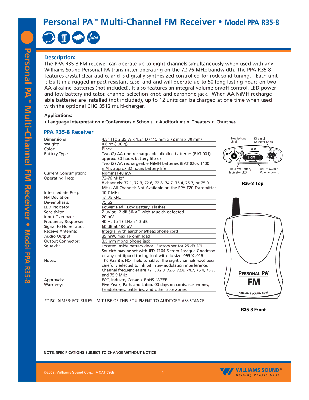 Williams Sound PPA R35-8N specifications Channel FM Receiver Model PPA R35-8, Description, PPA R35-8 Receiver 