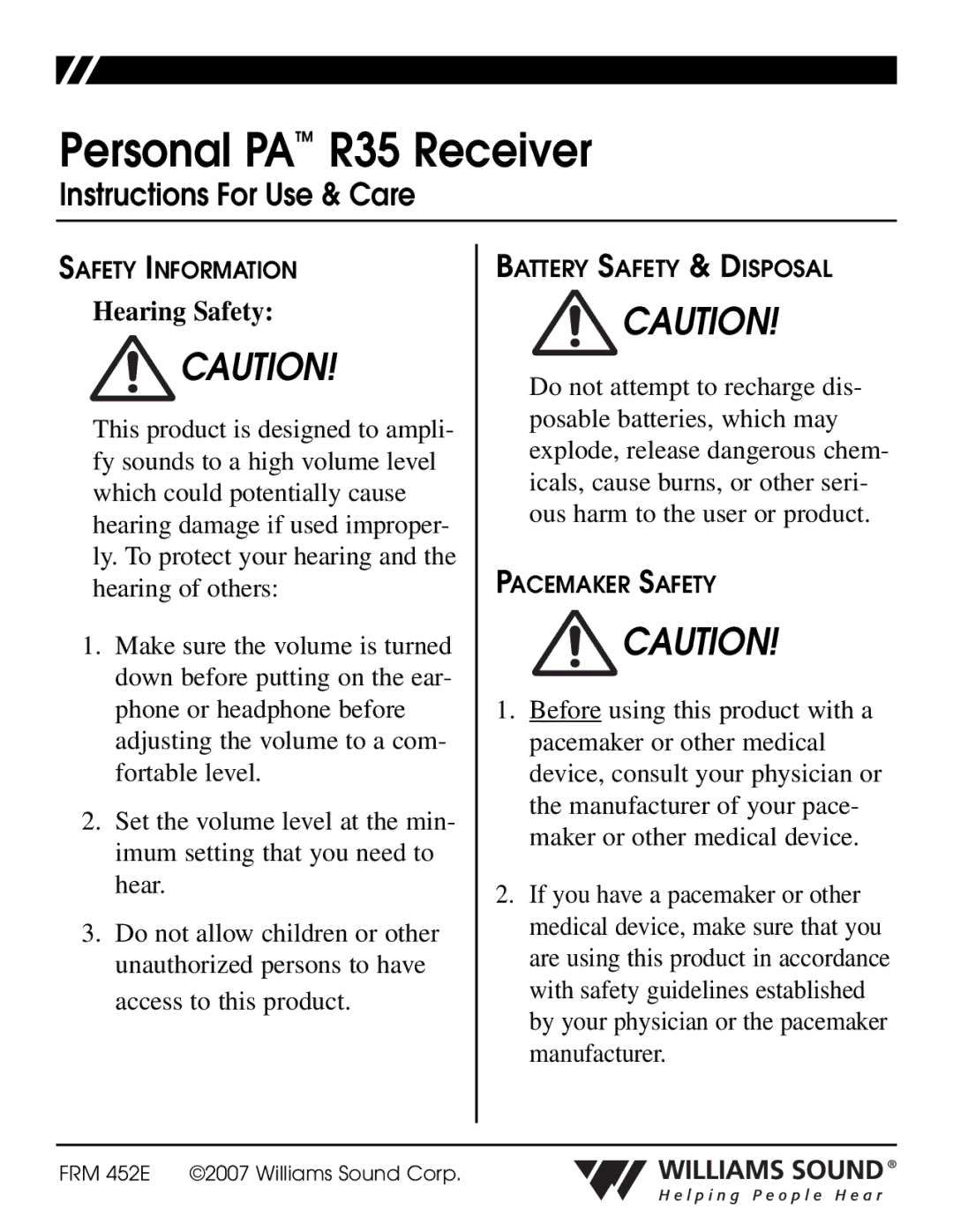 Williams Sound PPA R35N manual Personal PA R35 Receiver 