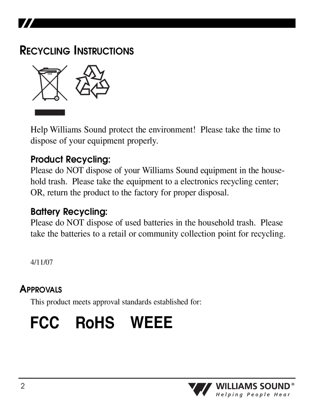 Williams Sound PPA R35N manual Recycling Instructions, Product Recycling 