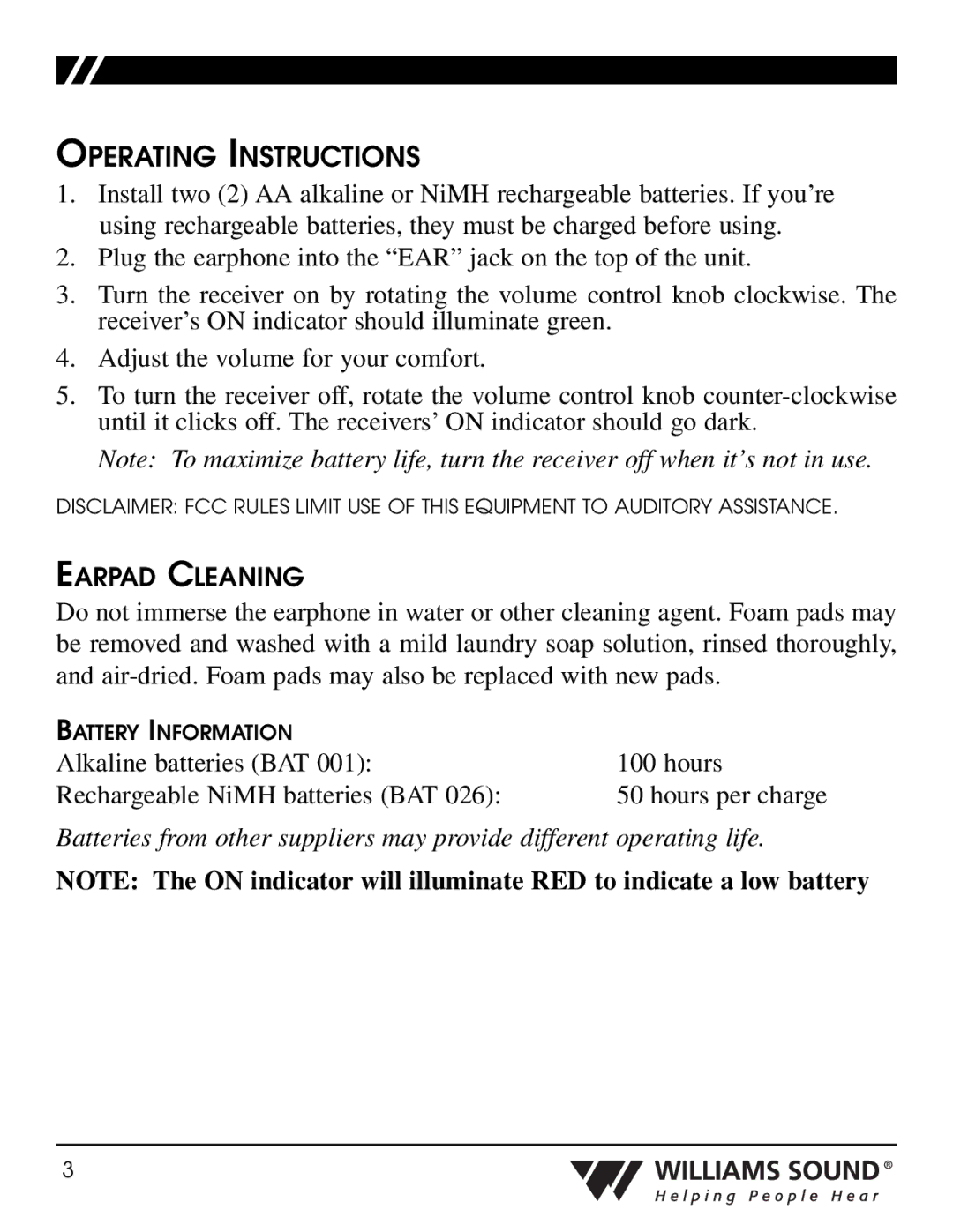 Williams Sound PPA R35N manual Operating Instructions, Earpad Cleaning 