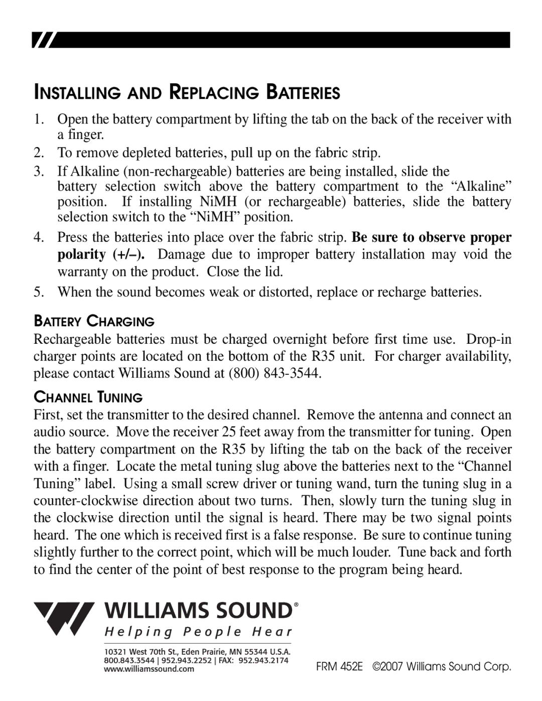 Williams Sound PPA R35N manual Installing and Replacing Batteries 