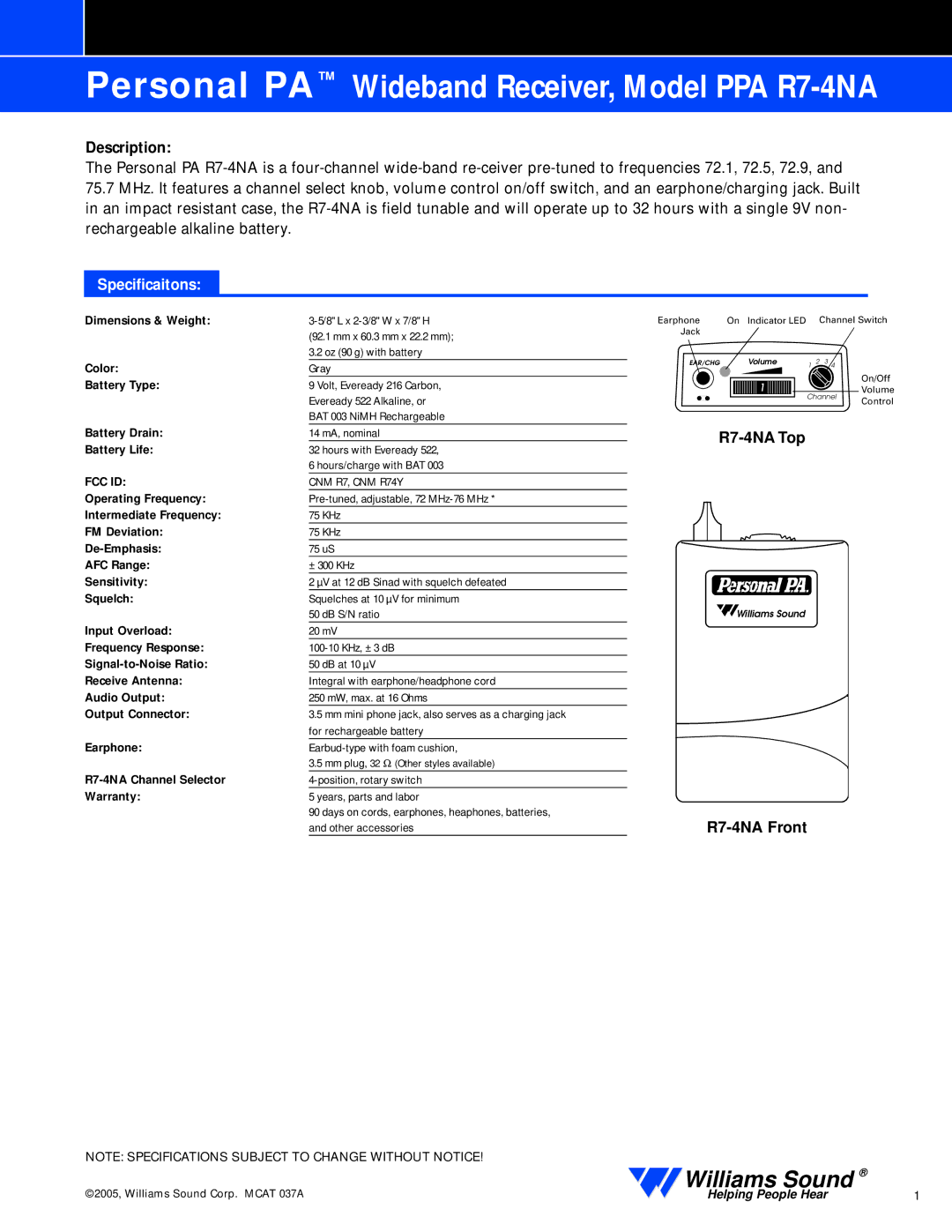 Williams Sound PPA R7-4NA specifications Description, Specificaitons 