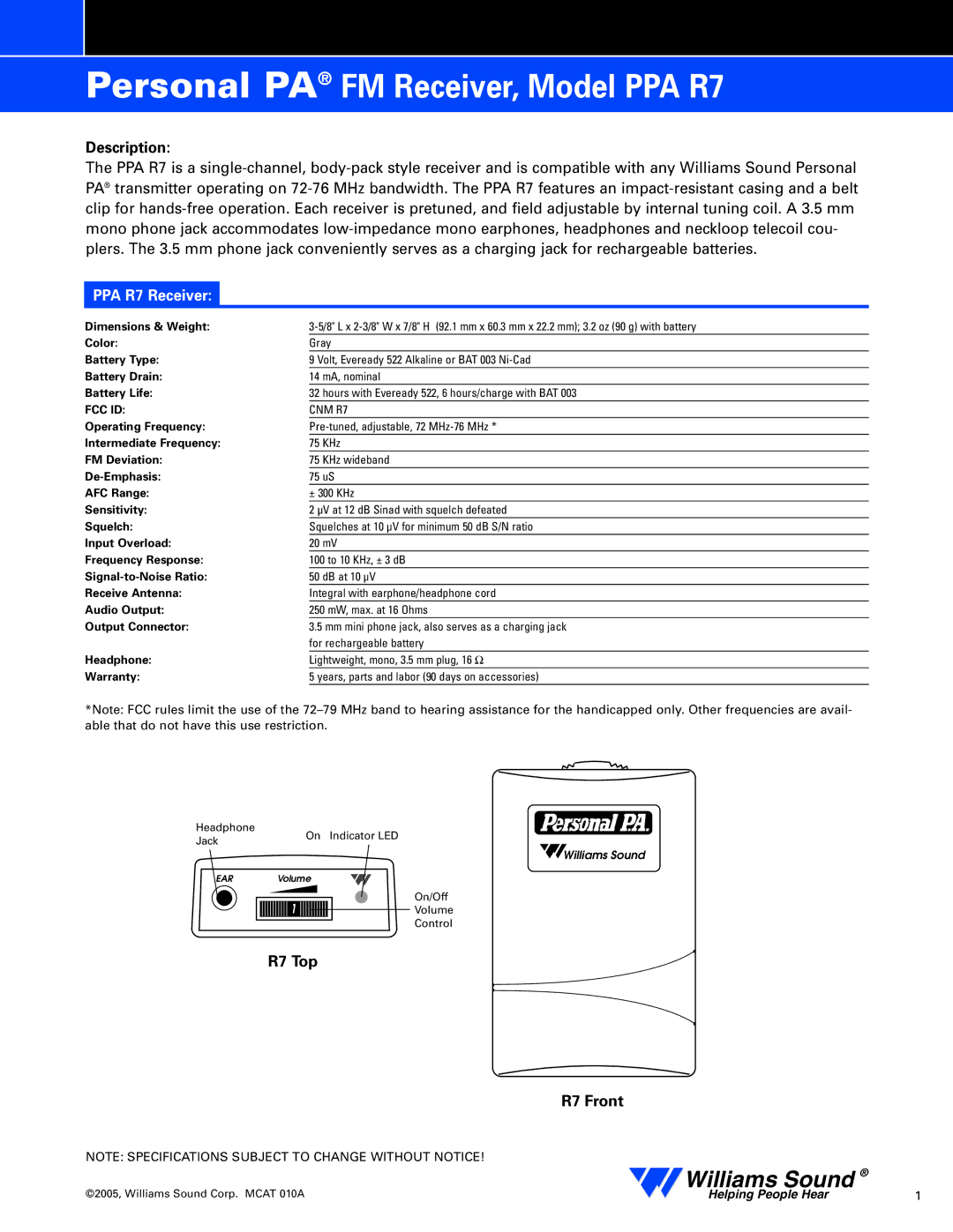 Williams Sound specifications Description, PPA R7 Receiver, R7 Top R7 Front 