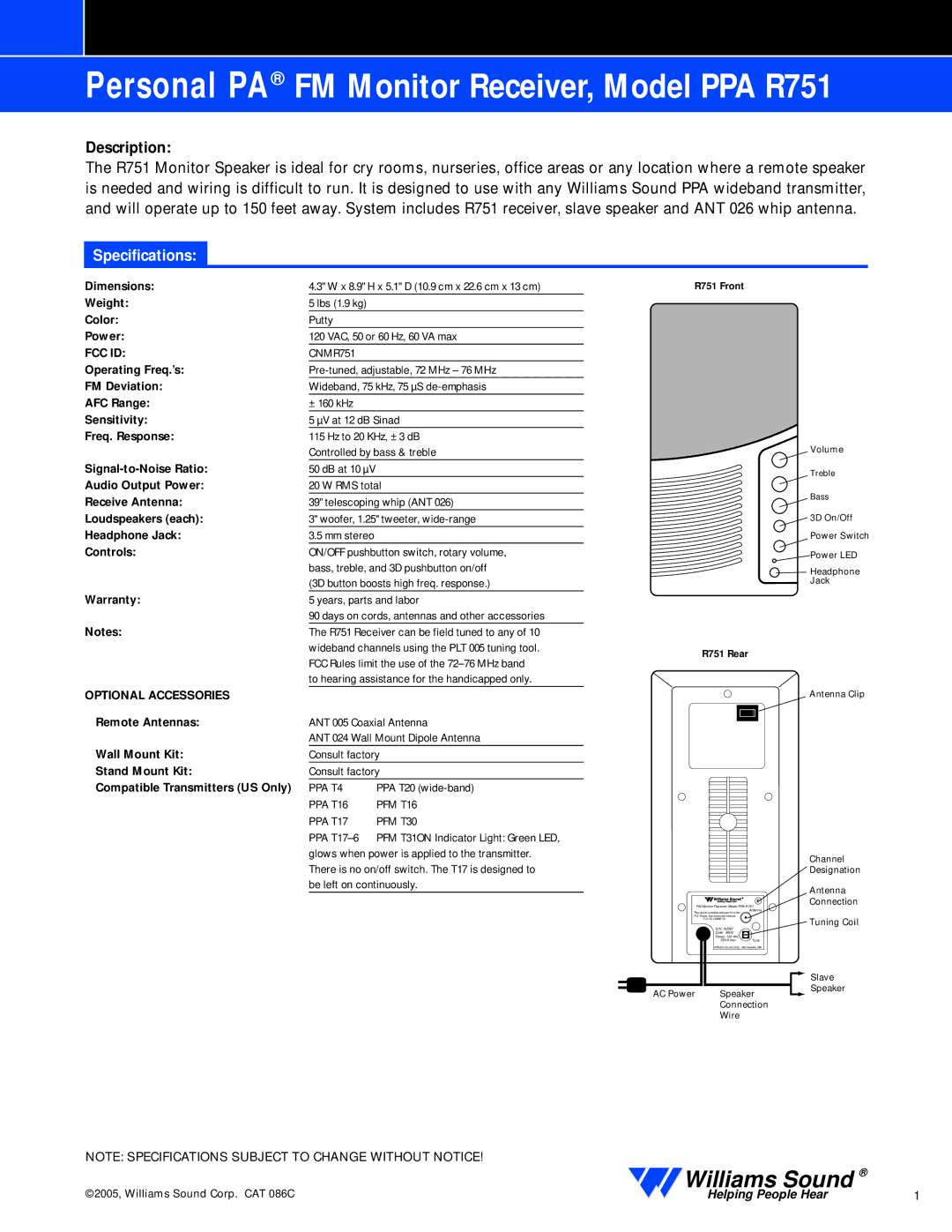 Williams Sound PPA R751 specifications Description, Specifications, Fcc Id, Optional Accessories 