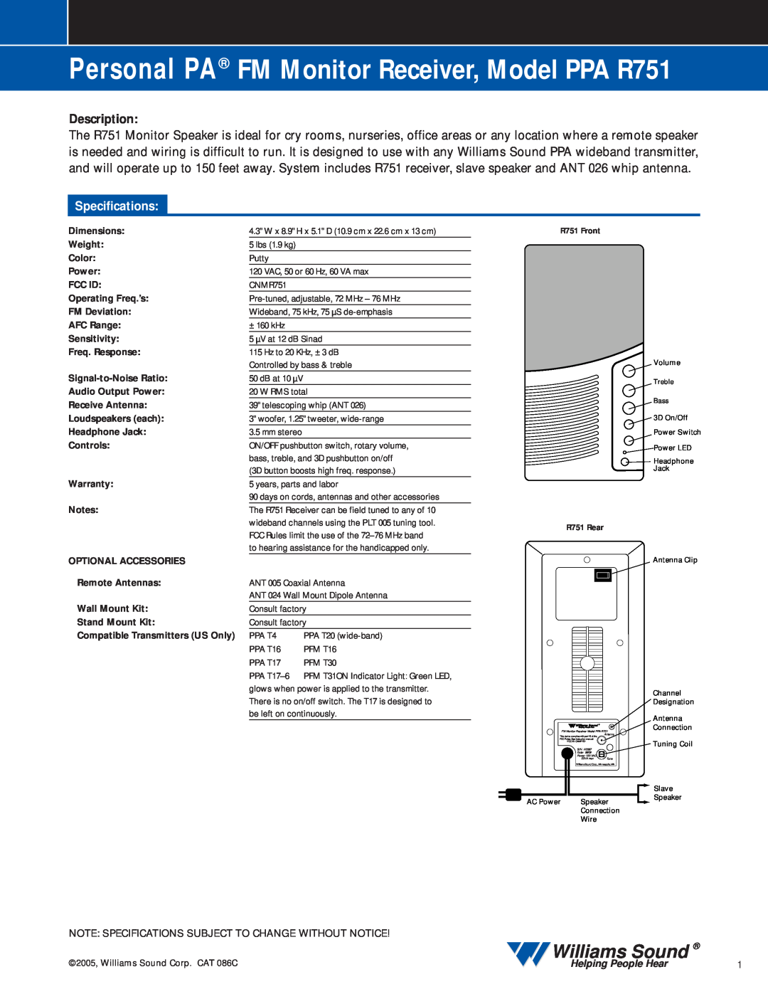 Williams Sound specifications Personal PA FM Monitor Receiver, Model PPA R751, Williams Sound, Description 