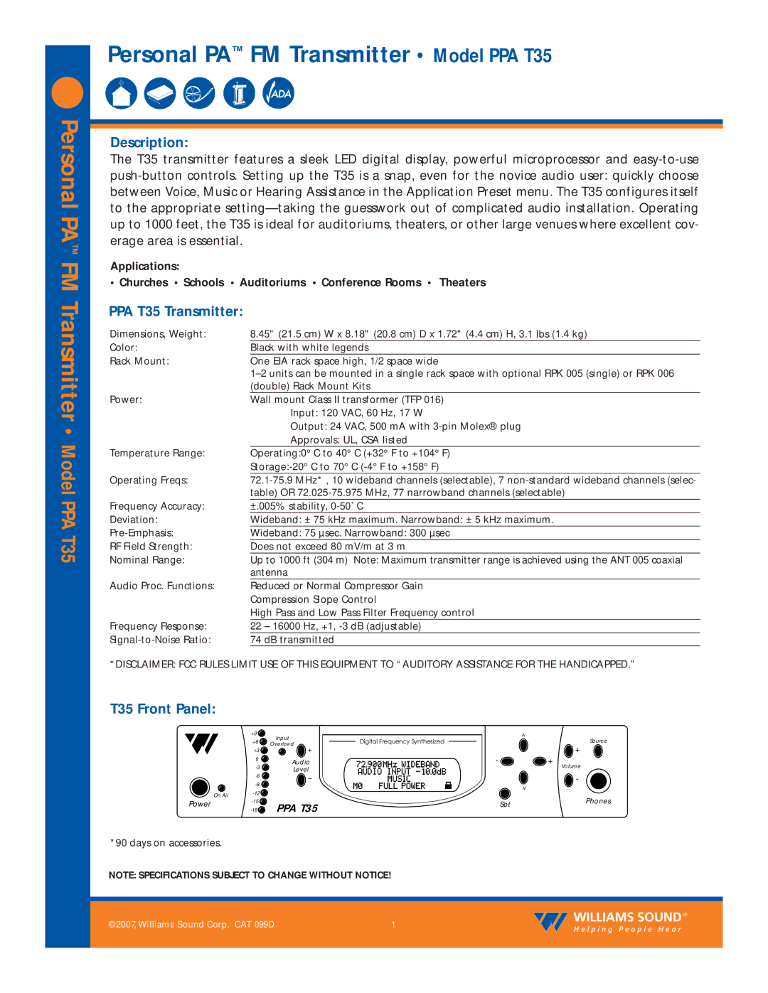 Williams Sound specifications Description, PPA T35 Transmitter, T35 Front Panel 