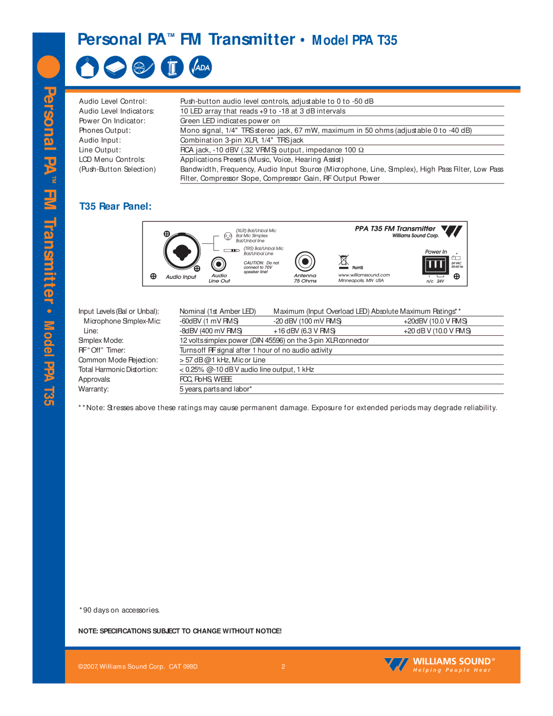 Williams Sound PPA T35 specifications T35 Rear Panel 