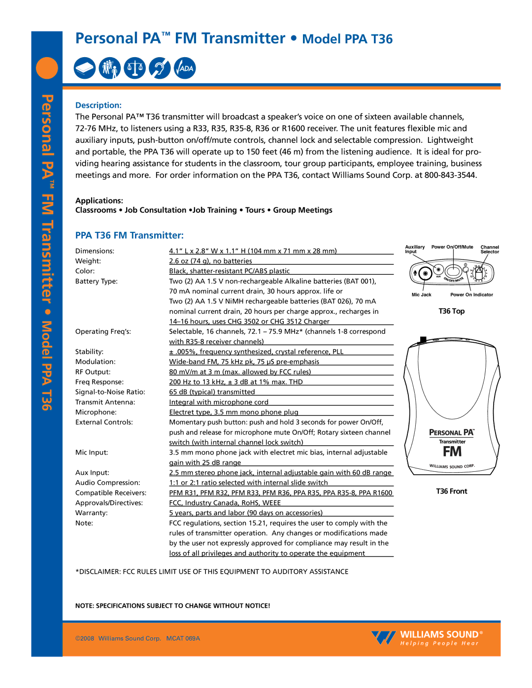 Williams Sound dimensions Personal PA, FM Transmitter Model PPA T36, PPA T36 FM Transmitter 