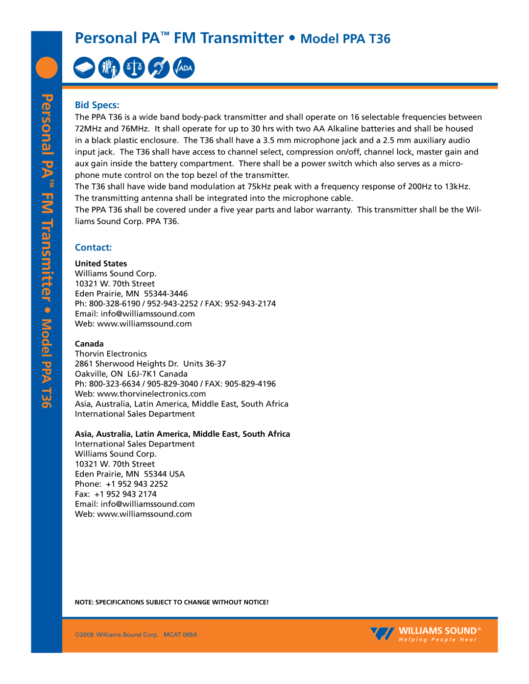 Williams Sound dimensions Personal PA FM Transmitter Model PPA T36, Bid Specs, Contact 