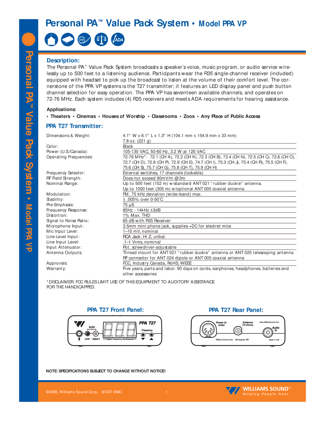 Williams Sound PPA VP specifications Description, PPA T27 Transmitter, PPA T27 Front Panel 