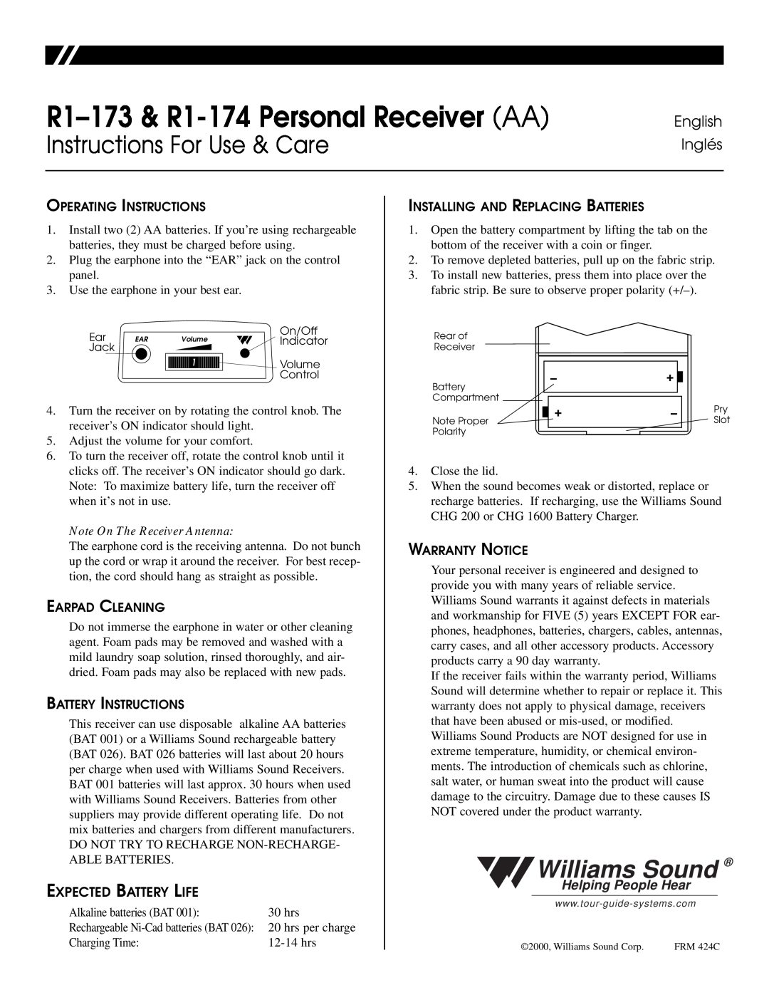Williams Sound R1-173, R1-174 warranty Williams Sound, Instructions For Use & Care, English Inglés, Expected Battery Life 