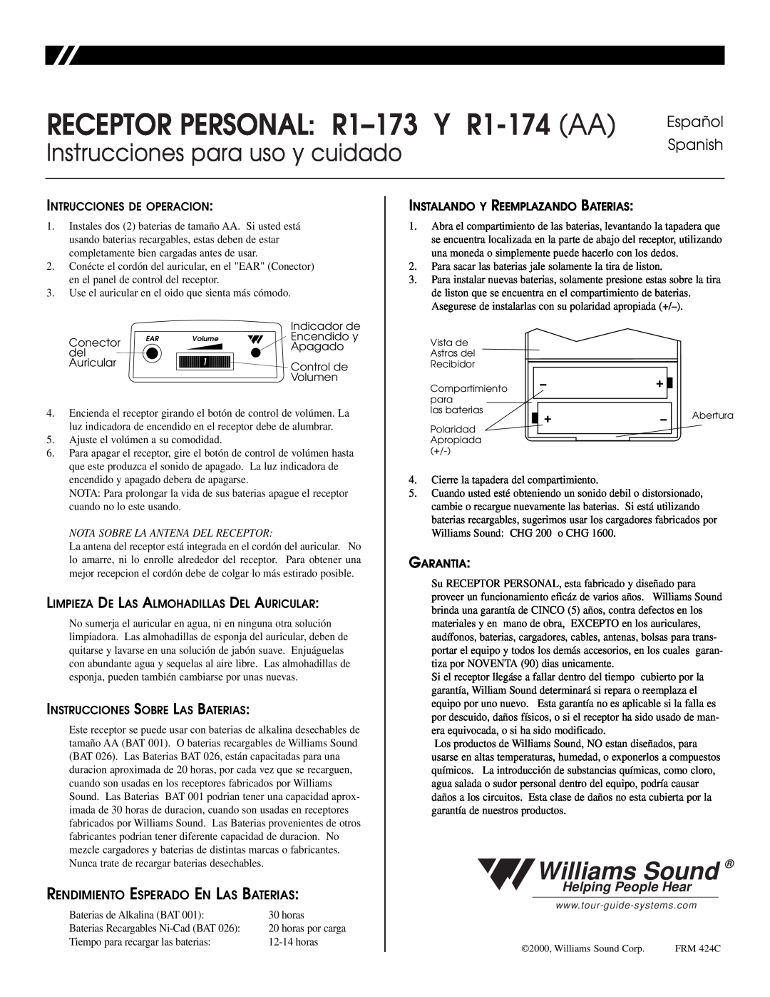 Williams Sound R1-174, R1-173 Instrucciones para uso y cuidado, Español Spanish, Rendimiento Esperado En Las Baterias 
