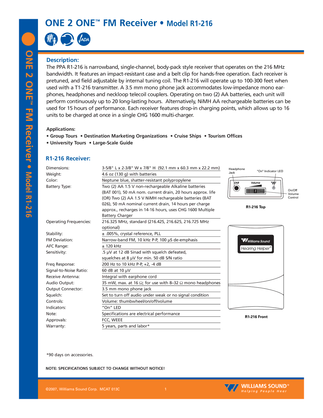 Williams Sound specifications Description, R1-216 Receiver 