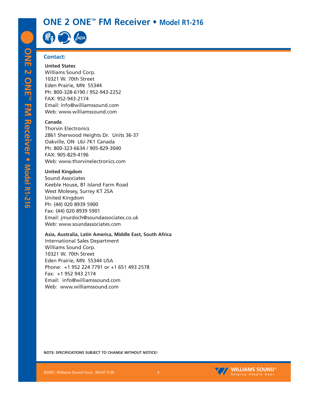 Williams Sound R1-216 specifications Contact, United States, Canada, United Kingdom 