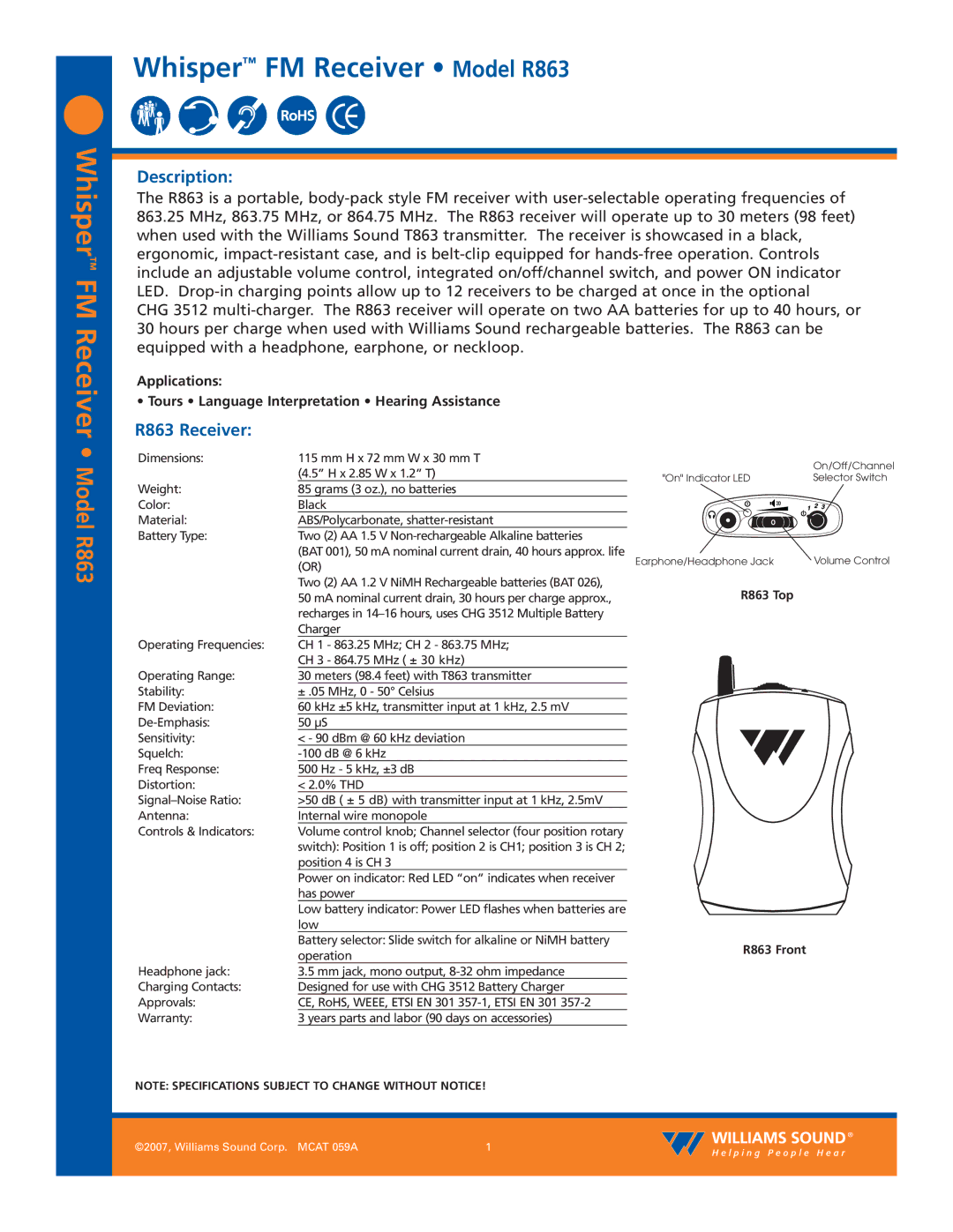 Williams Sound specifications Whisper FM Receiver Model R863, Description, R863 Receiver 