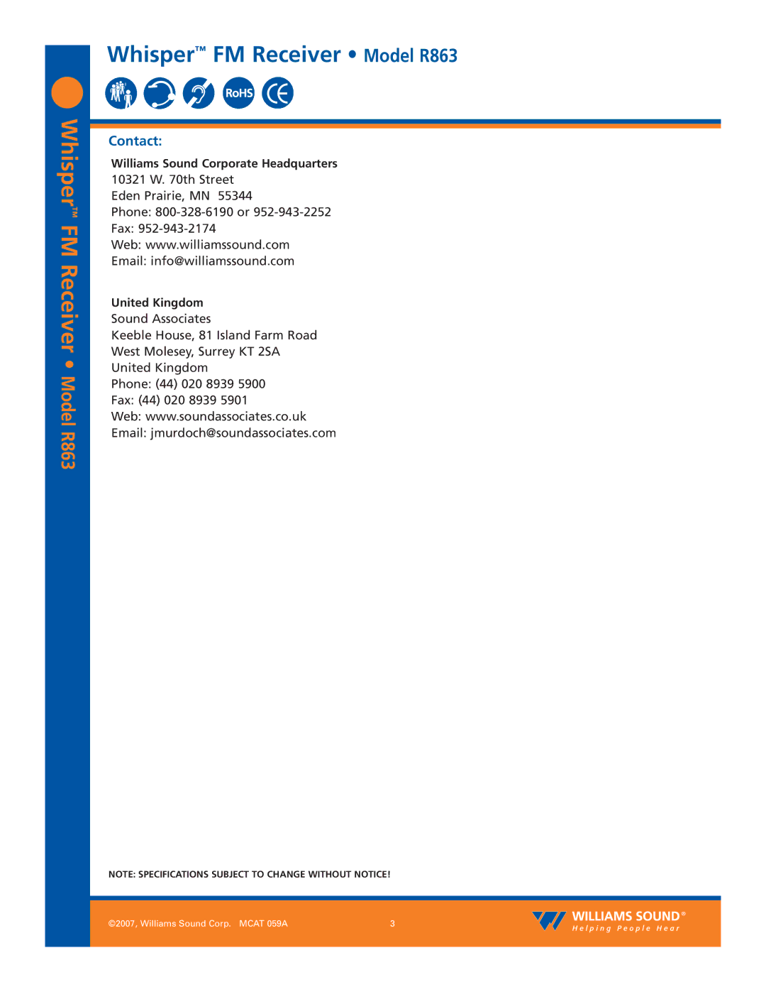 Williams Sound R863 specifications Contact, Williams Sound Corporate Headquarters, United Kingdom 