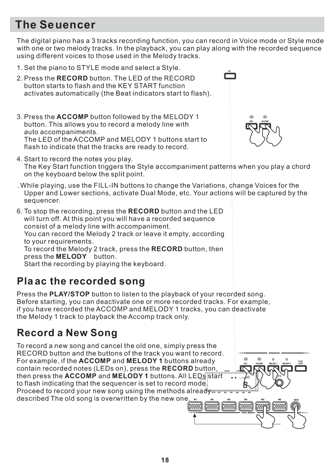 Williams Sound Sonata 88 manual Sequencer, Playback the recorded song, Record a New Song 