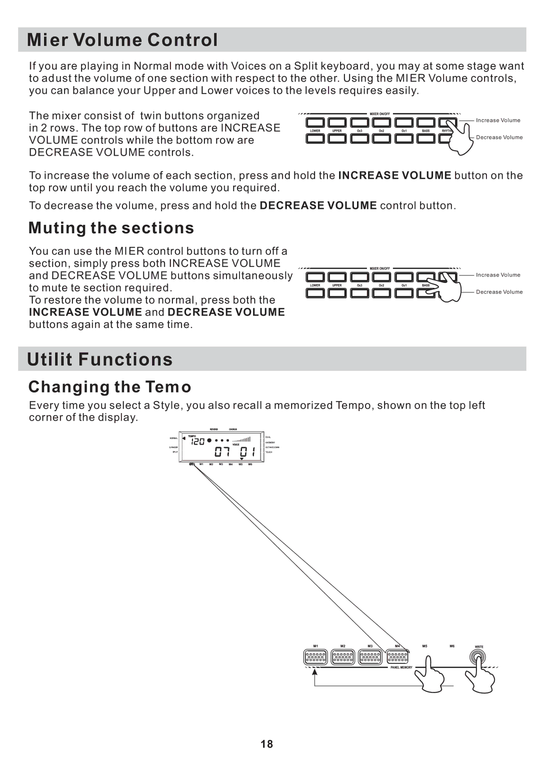 Williams Sound Sonata 88 manual Mixer Volume Control, Utility Functions, Muting the sections, Changing the Tempo 