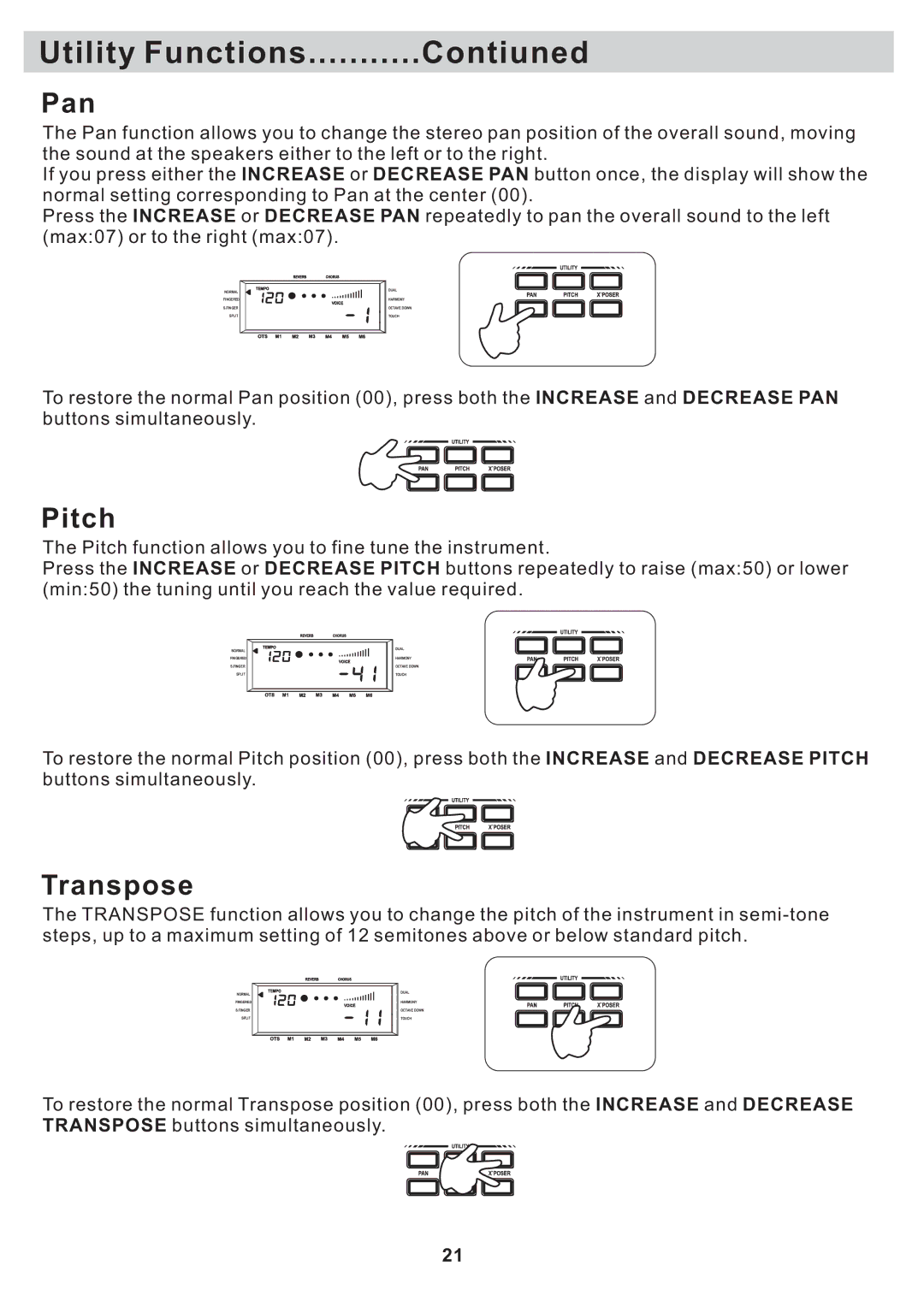 Williams Sound Sonata 88 manual Utility Functions Contiuned, Pan, Pitch, Transpose 
