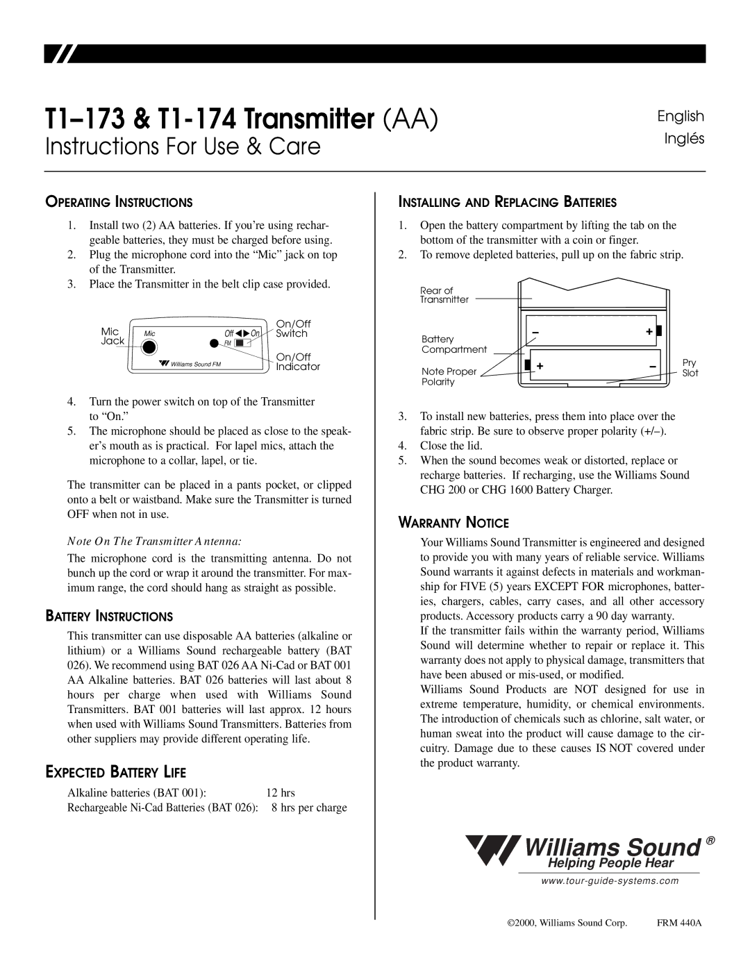 Williams Sound warranty T1-173 & T1-174 Transmitter AA, Instructions For Use & Care, English Inglés 