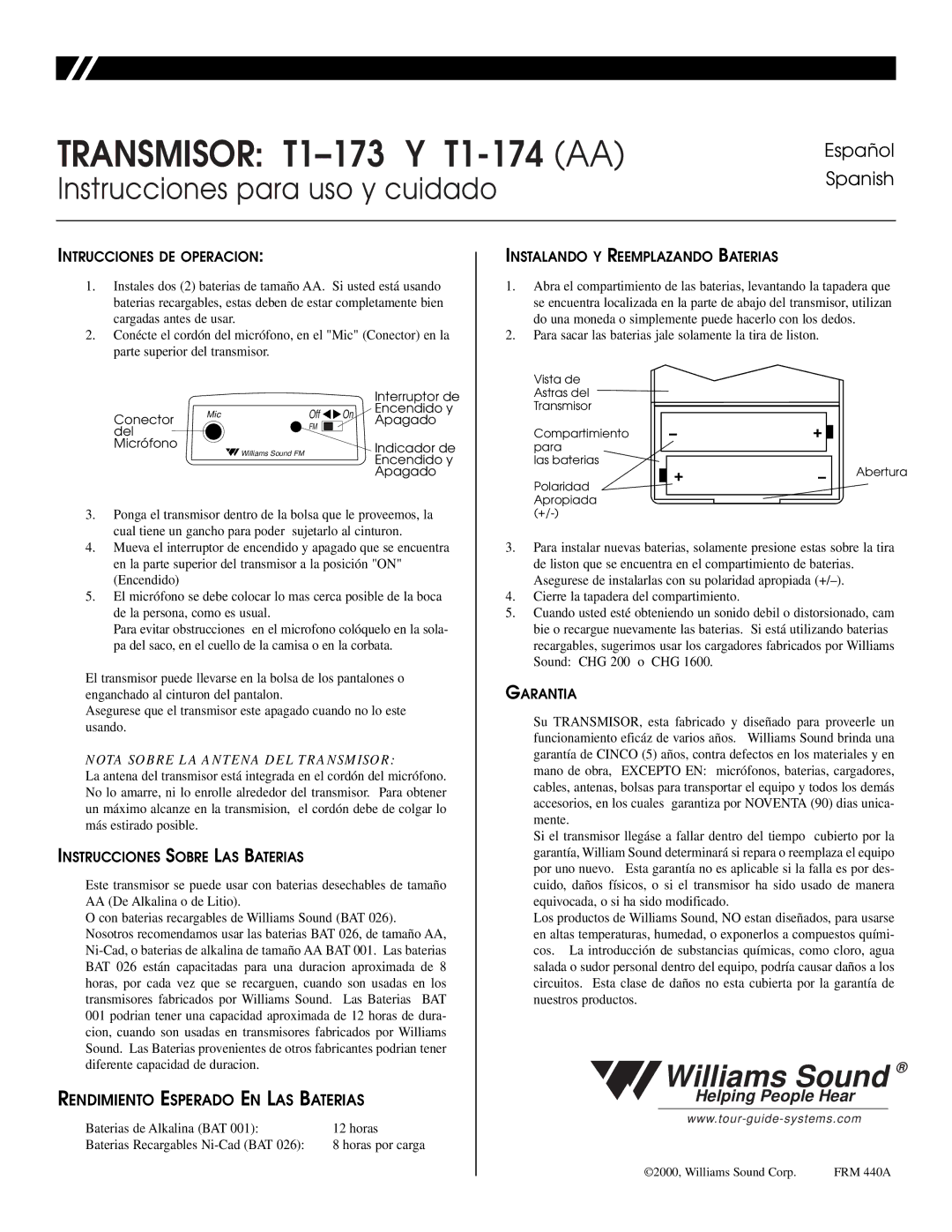 Williams Sound warranty Transmisor T1-173 Y T1-174 AA, Instrucciones para uso y cuidado, Español Spanish 